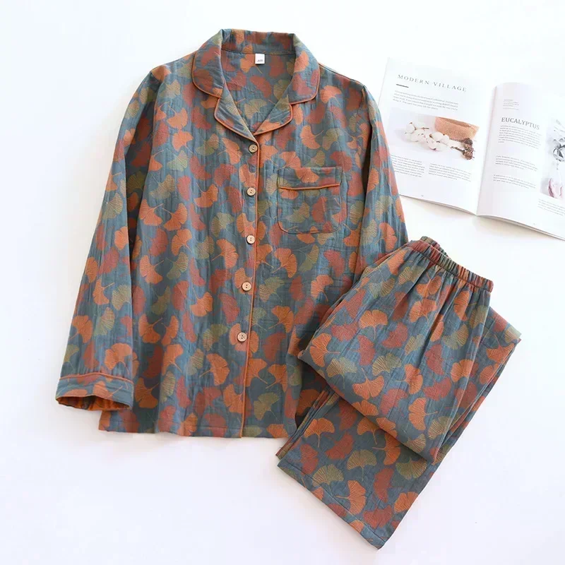 Cotton Crepe Flower Leaves Pajamas Suit for Women, Long-Sleeved Trousers, Two-Piece, Perfect for Spring and Summer