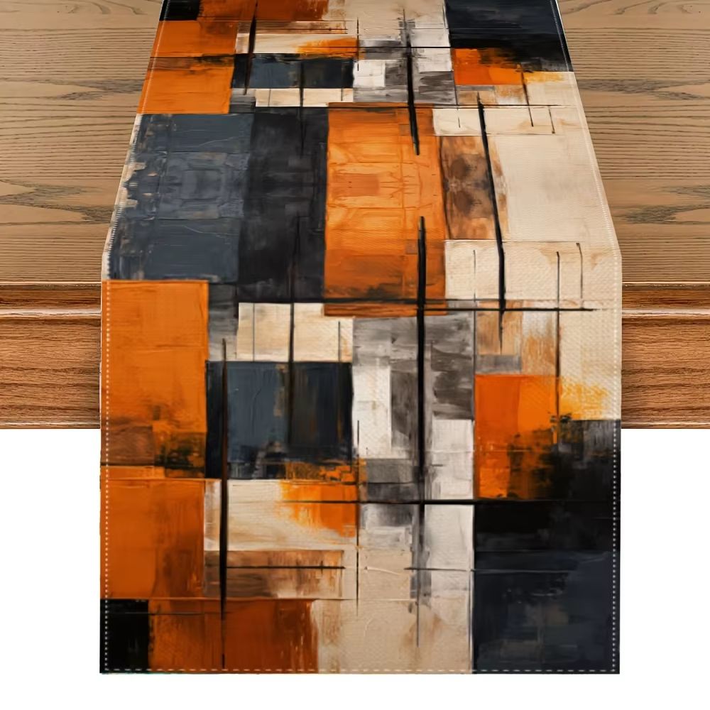 Abstract Watercolor Linen Table Runner Orange Black Stripe Modern Dining Decor