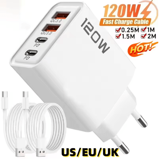 120W 4 Port USB C Wall Charger with Fast Charging Cable for Samsung, iPhone & Huawei
