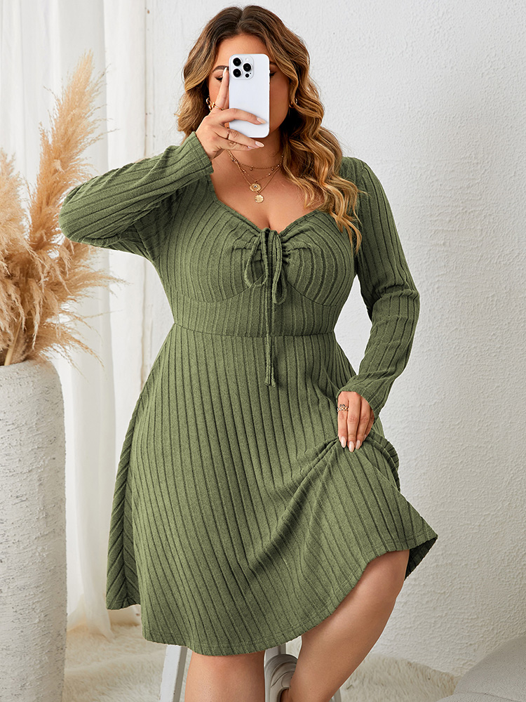 Sweetheart Neck Knot Front A-Line Dress for Women, Fall Vintage Ribbed Knit Long Sleeve Casual Winter Dresses