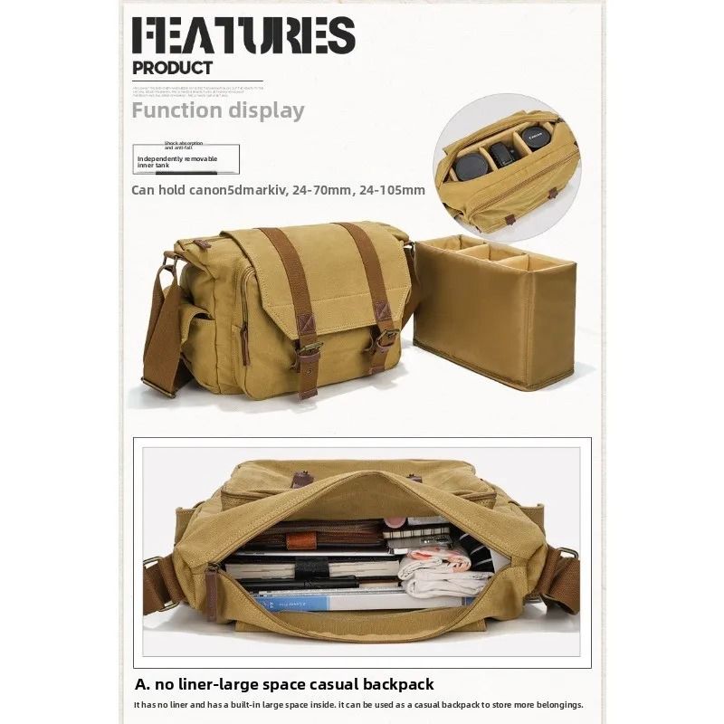 Retro Canvas SLR Camera Satchel Waterproof Messenger Bag with Removable Liner