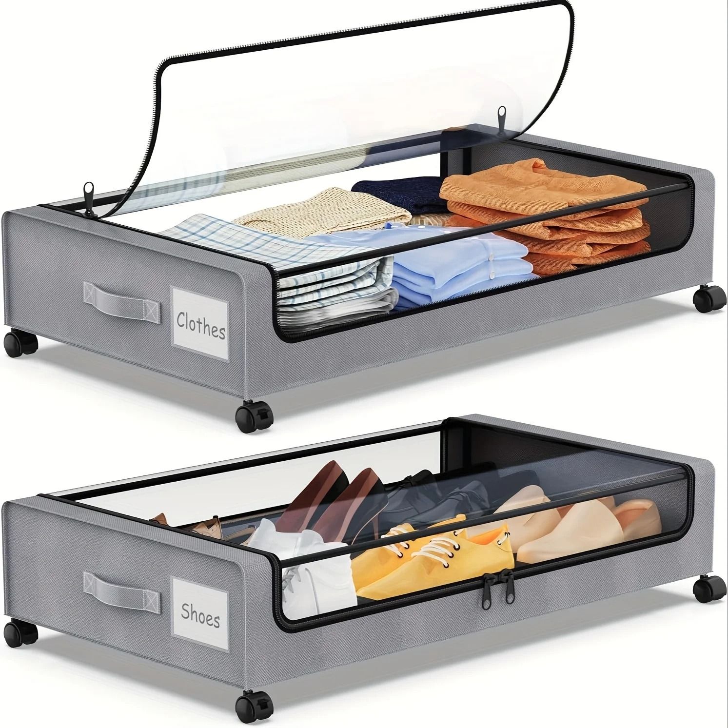 Underbed Storage Container with Lid and Wheels Pull Out Shoe and Clothing Organizer