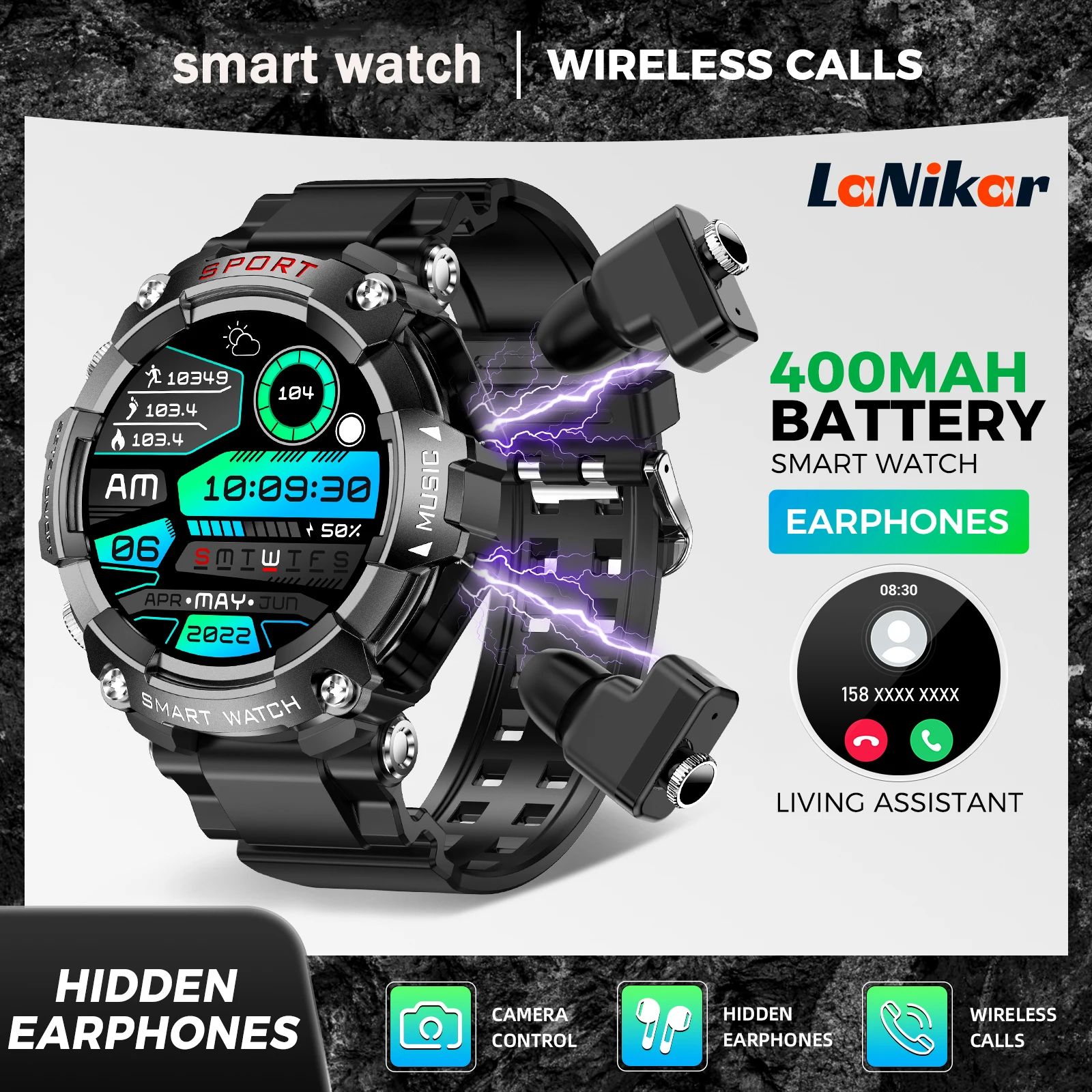 LaNikar AMOLED Smartwatch with Built In Bluetooth Earbuds