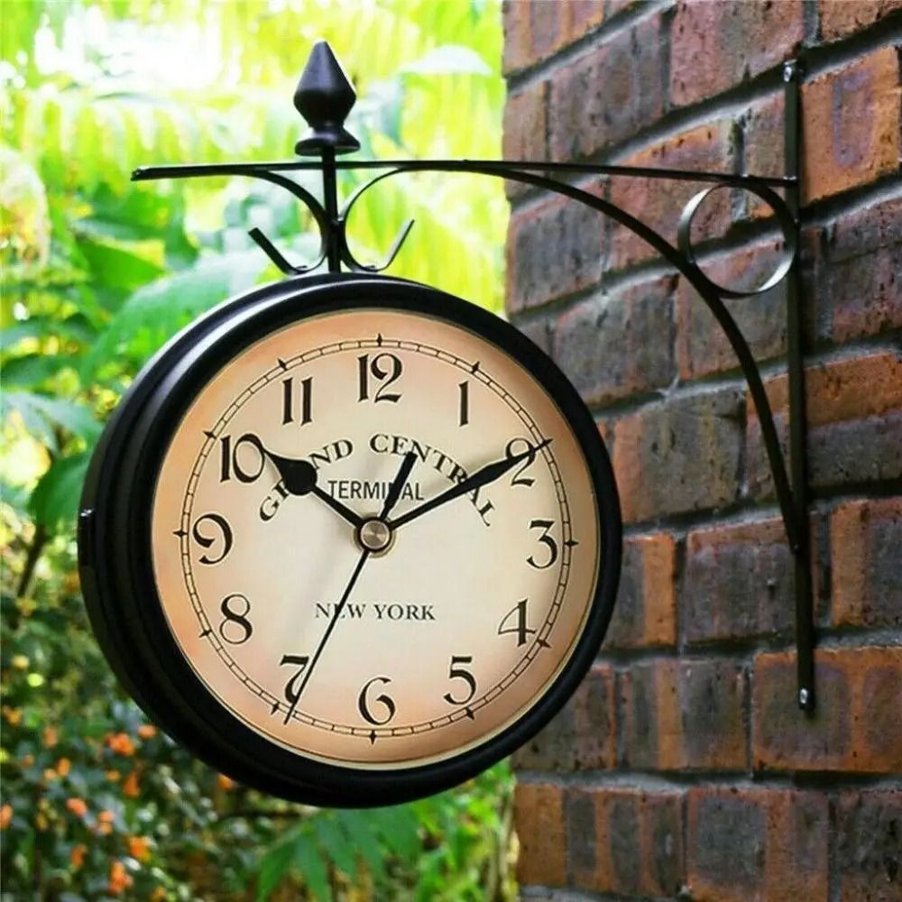 Vintage Double Sided Wall Clock Retro Metal Train Station Style
