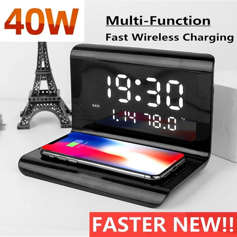 3 in 1 Multi Function Wireless Charger with 40W Fast Charging LED Desktop Clock and Calendar for iPhone and Android