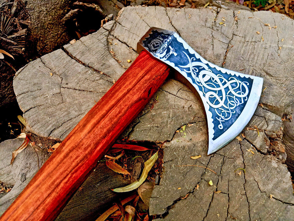 Handmade Carbon Steel Viking Throwing Axe | Rare Art Axe with Carved Ashwood Handle Axe
