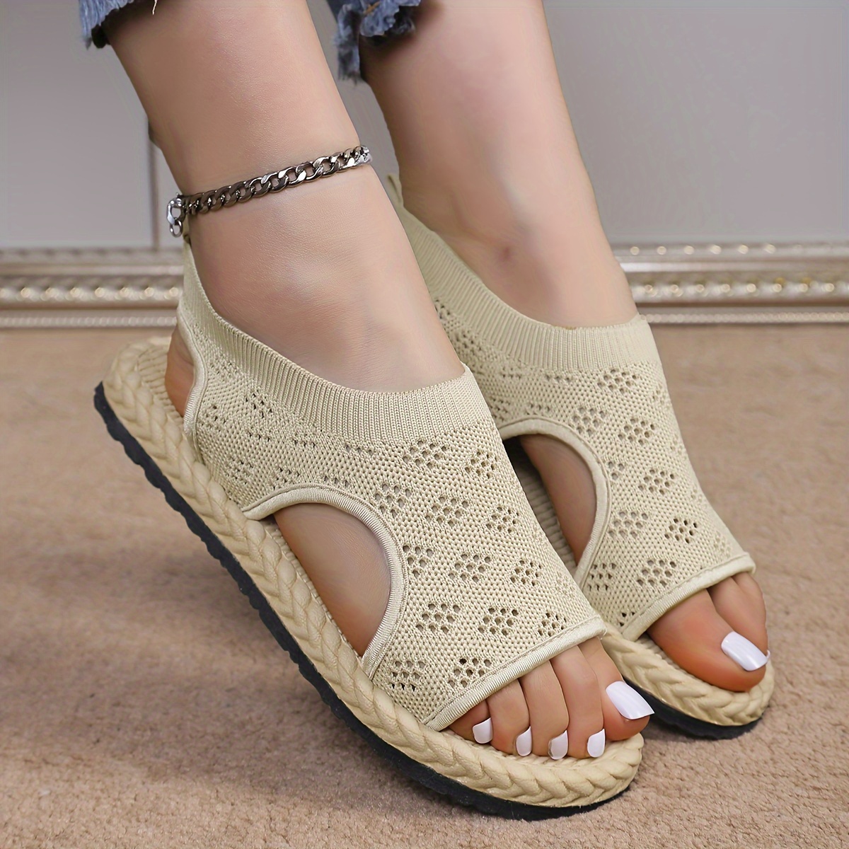 Women's Breathable Knit Flat Sandals - Casual Open Toe Summer Shoes - Lightweight Slip On Sandals