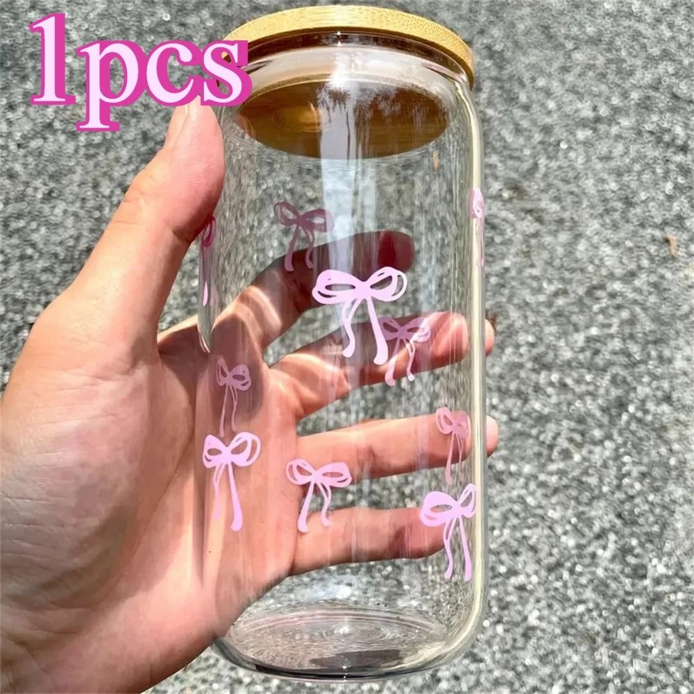 500ml Cherry Bow Glass Tumbler – High-Performance Mason Jar Shaped Drinking Cup with Ribbed Precision Lid & Straw