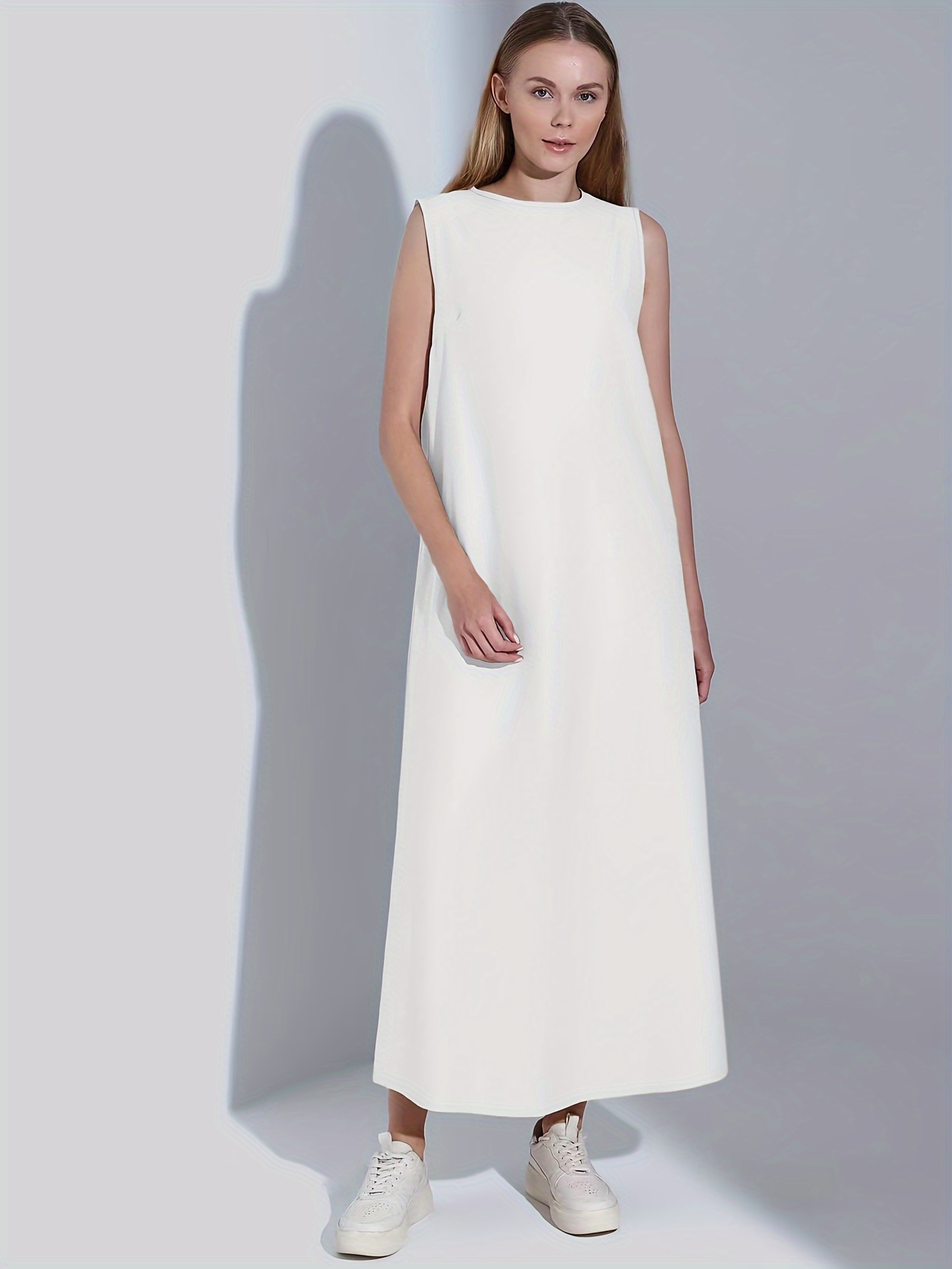 Women Dress Casual Vest Loose Draped Straight Skirt Round Neck