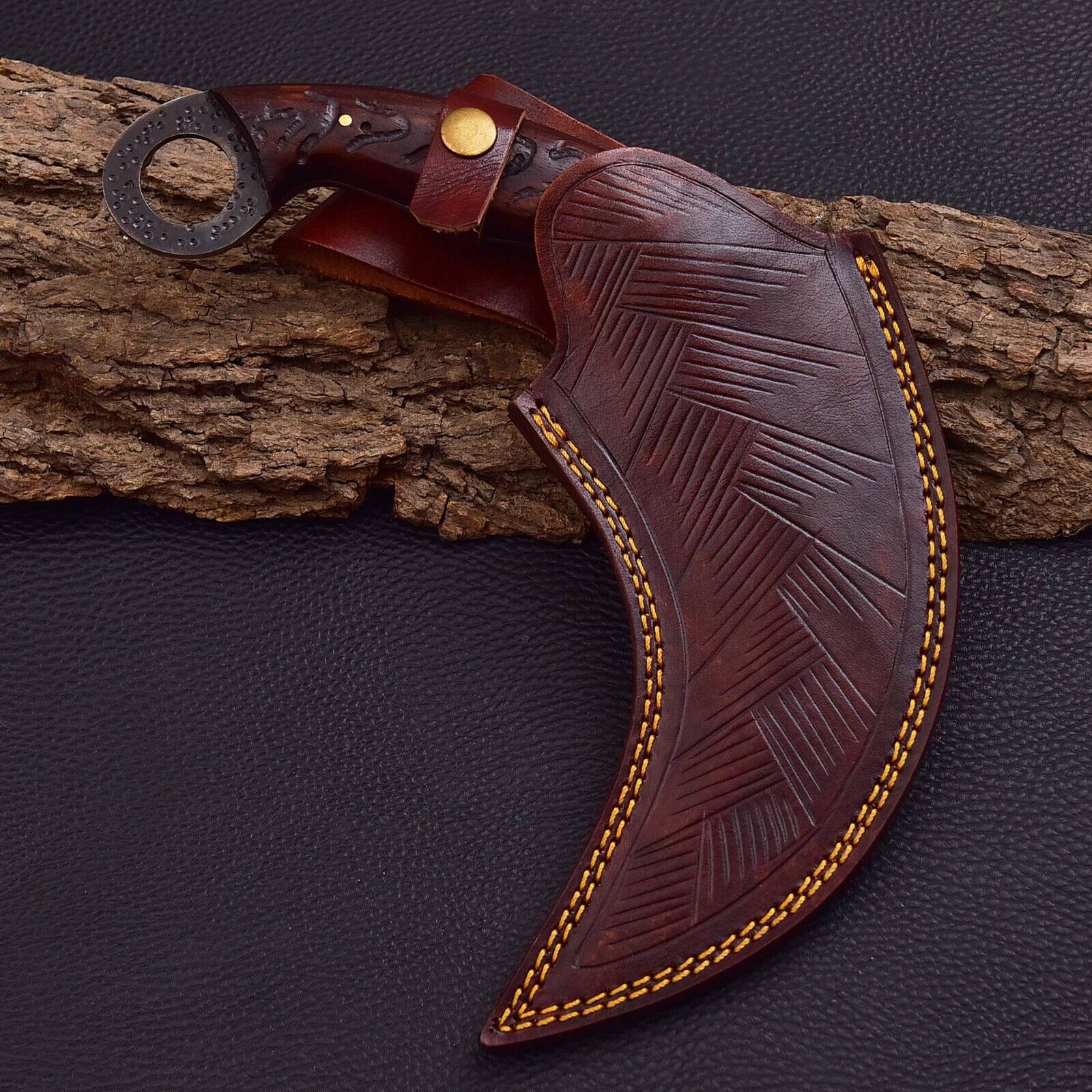 Custom Handmade Carbon Steel Viking Karambit With Polished Wood Handle