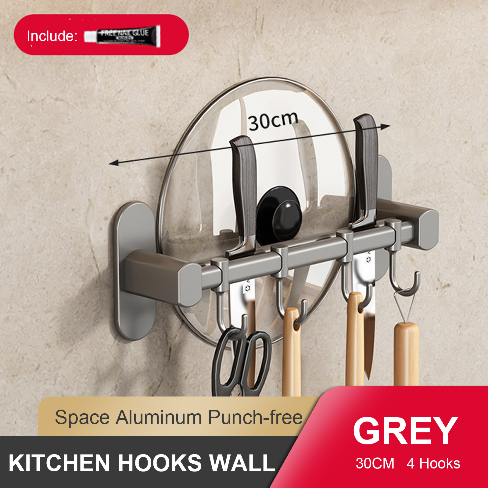 Wall Mounted Kitchen Hook Rack, No-Punching Wall Hangers, Rail Kitchen Utensils Rack, Spoon Shovel, Chopping Board