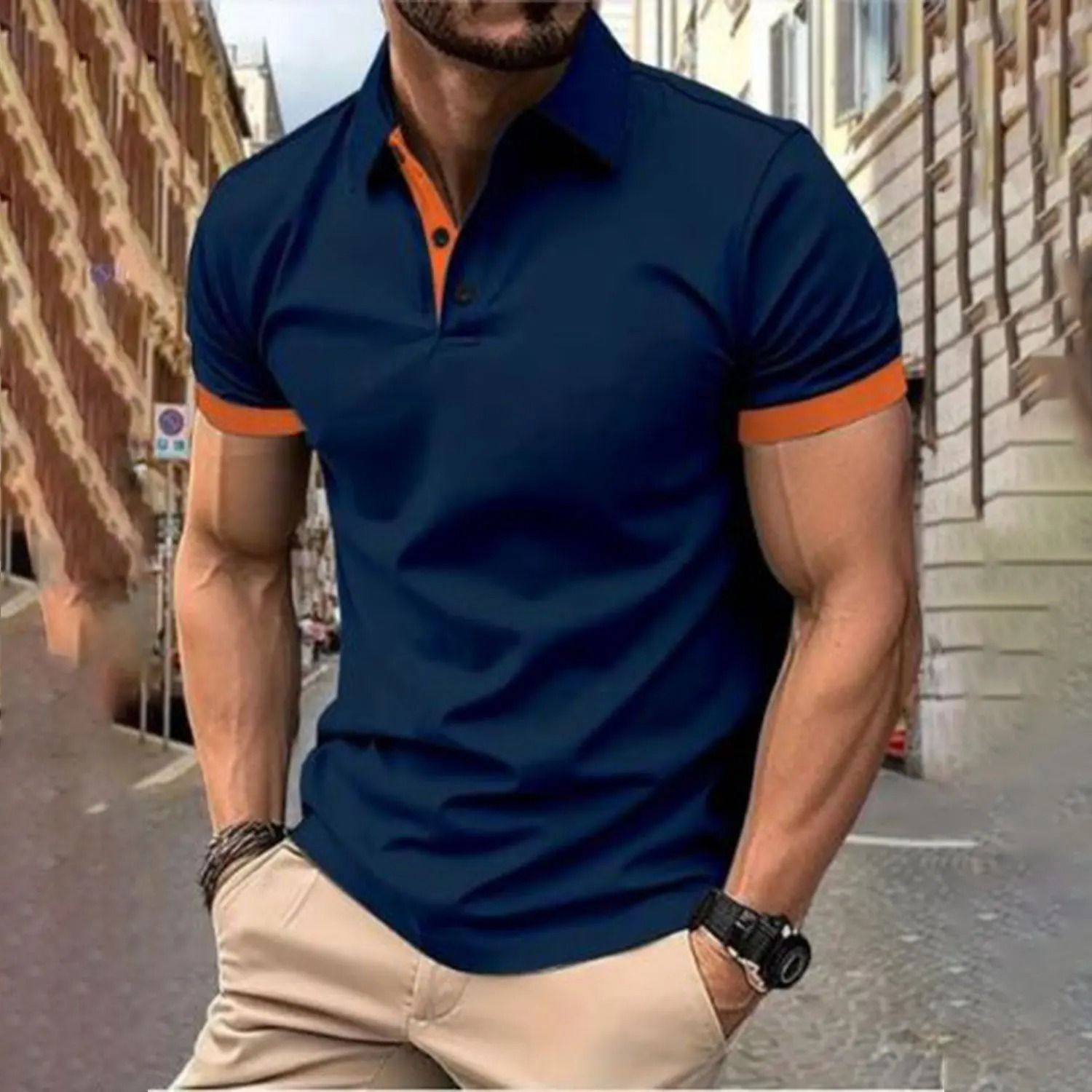 Mens Color Block Lapel Short Sleeve Shirt