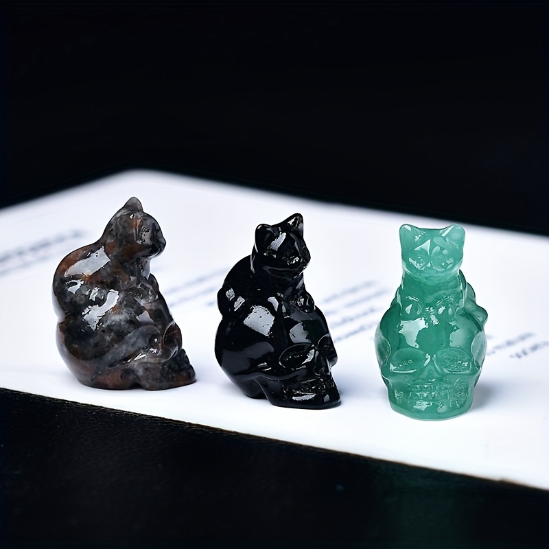 Natural Crystal Skull Cat Figurine, Hand-Carved for Halloween Decor & Gift Ideas