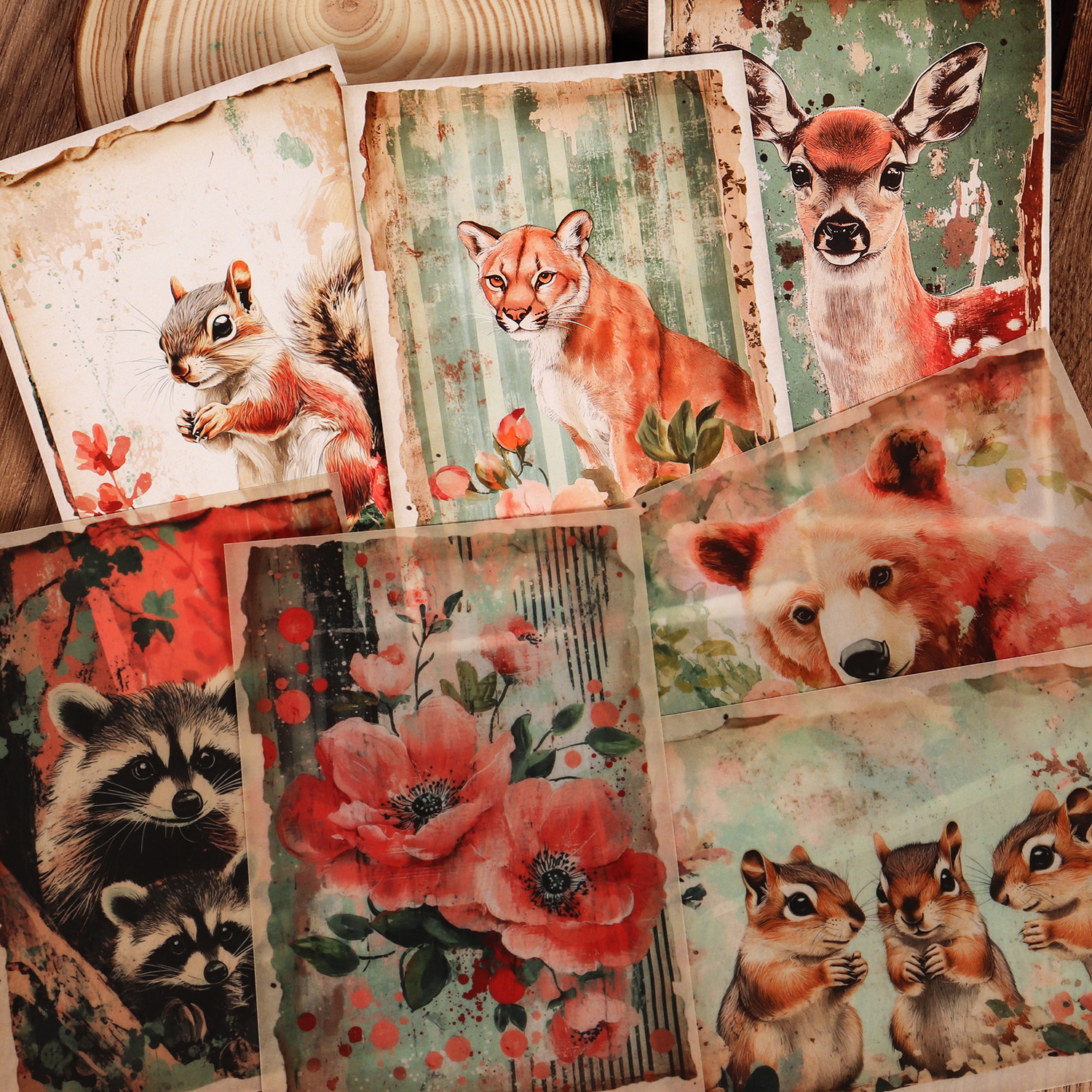 Watercolor Animal DIY Scrapbook, 8 Transparent Sulfuric Acid Paper, Stickers, Decoration Paper for Arts Crafts