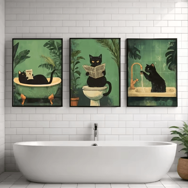 Funny Black Cat Bathroom Wall Art Set – Vintage Toilet Humor Canvas Prints (3PCS)