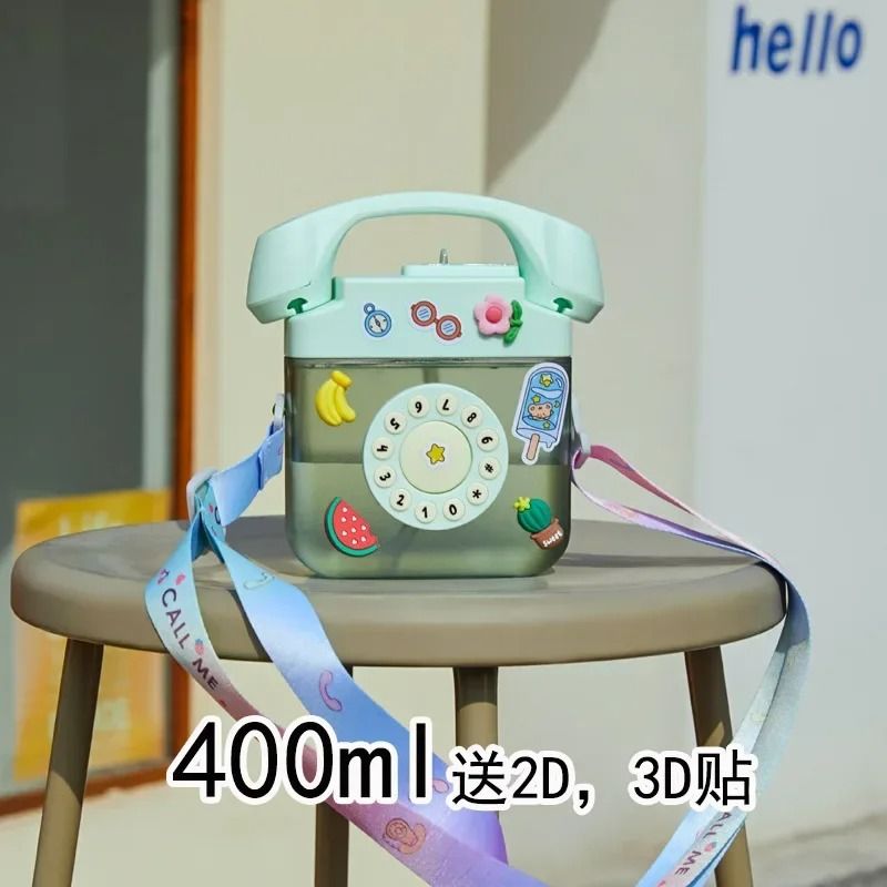 Telephone Shape Cute Water Bottle with Straw Kawaii Kids Plastic Bottle 400ml