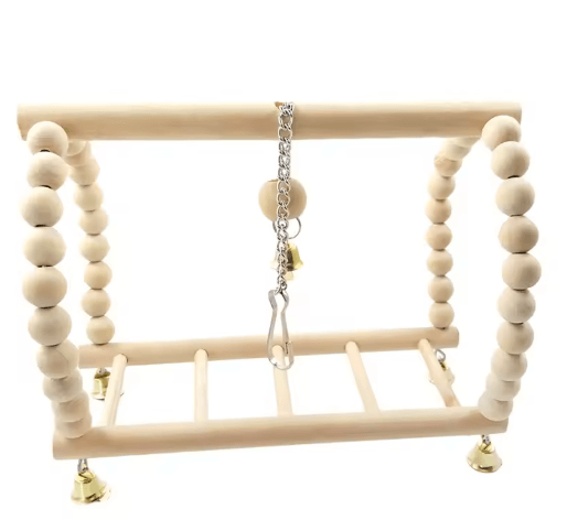 Wooden Parrot Swing & Climbing Toy with Bells – Hanging Ladder Playstand Hammock