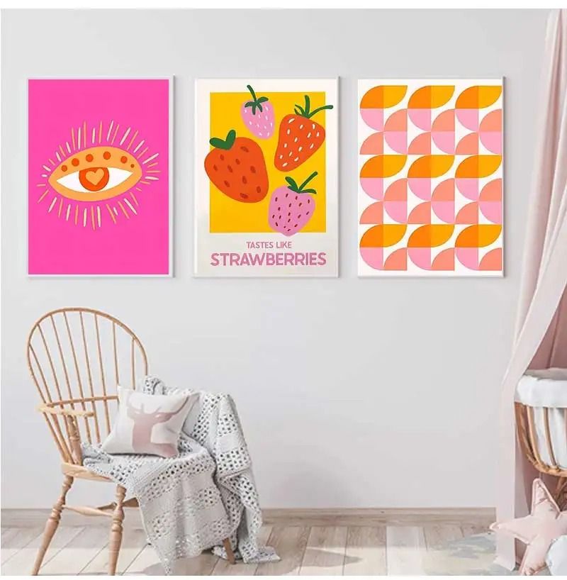 Retro Cocktail Drink Posters – Pink Strawberry & Lemon Kitchen Bar Decor – Minimalist Canvas Wall Art