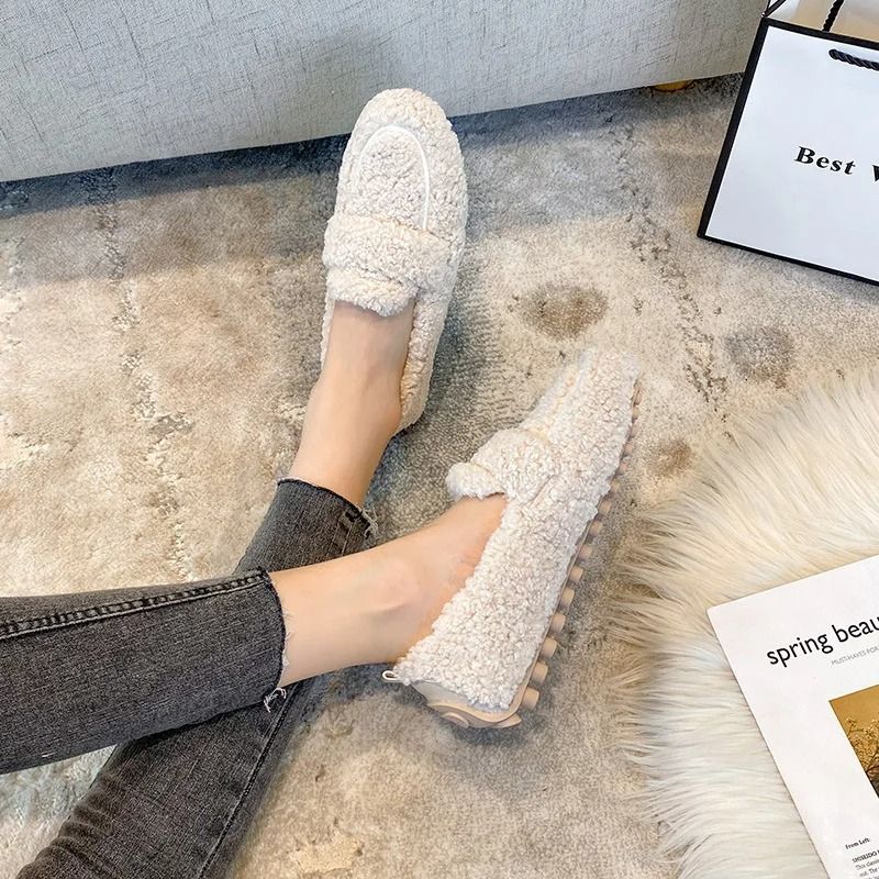 Womens Plush Shearling Winter Flats Warm Lambswool Slip On Loafers Cotton Lined Comfort Shoes