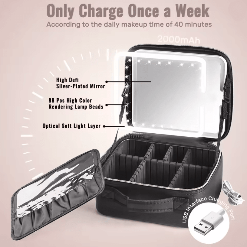Travel Makeup Bag with LED Lighted Mirror and Adjustable Dividers for Cosmetics and Accessories