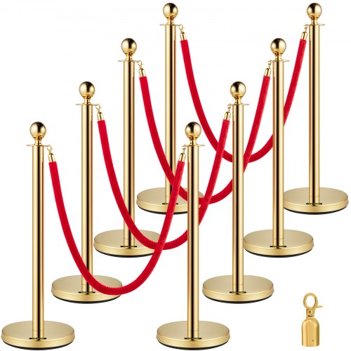 Premium Crowd Control Stanchion Set with Red Velvet Rope, Gold Stainless Steel Posts & Heavy-Duty Base