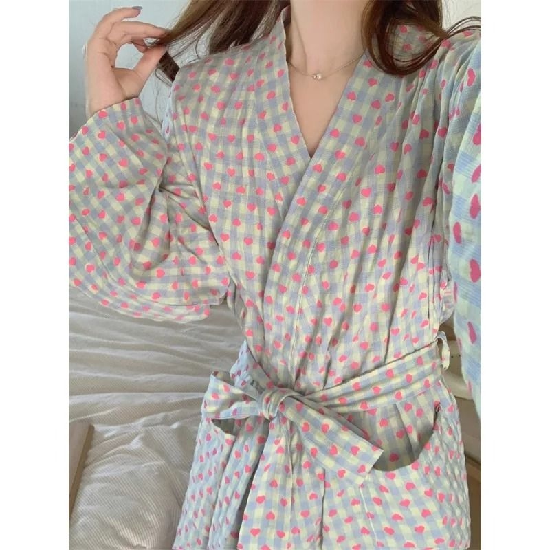 Love Plaid Long Kimono Robe Set – Professional V-Neck Bathrobe & Lace-Up Trousers Nightgown