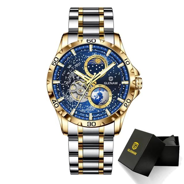GLENAW Rotating Earth Automatic Mechanical Watch – Double Second Hand Men's Luxury Wristwatch with Starry Sky Dial and S