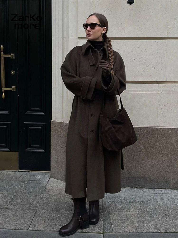 Elegant Womens Grey Belted Wool Coat Double Breasted Long Winter Peacoat