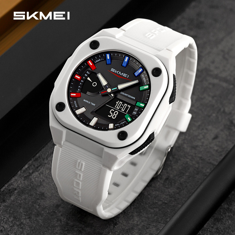 Men Dual Time Electronic Watch, 5 Alarm, Countdown Timer, Waterproof with Date, Week, Daylight Saving