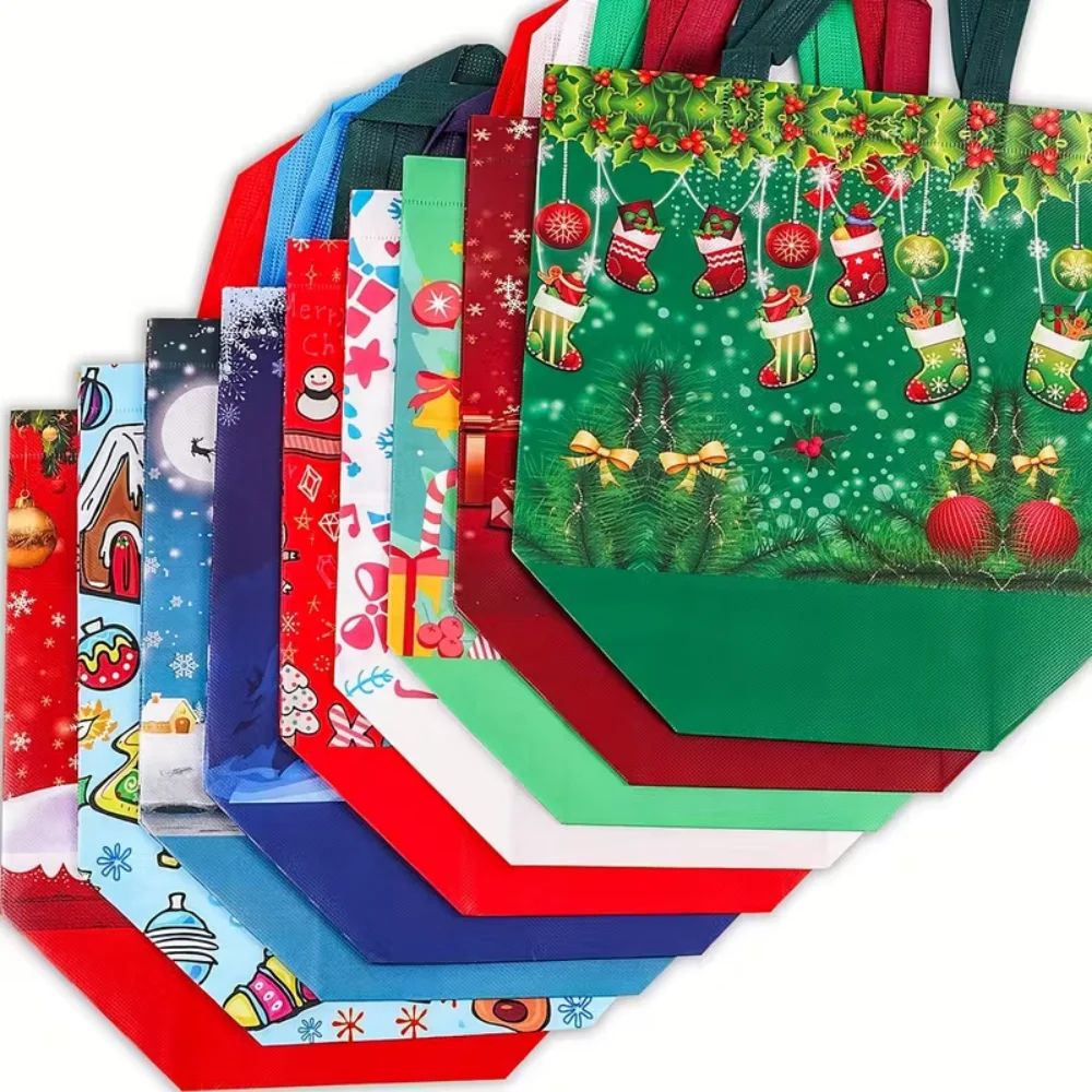 Reusable Christmas Gift Bags Set - 12.6x9.8in Foldable Christmas Tote Bag with Handles for Holiday Gifting & Shopping