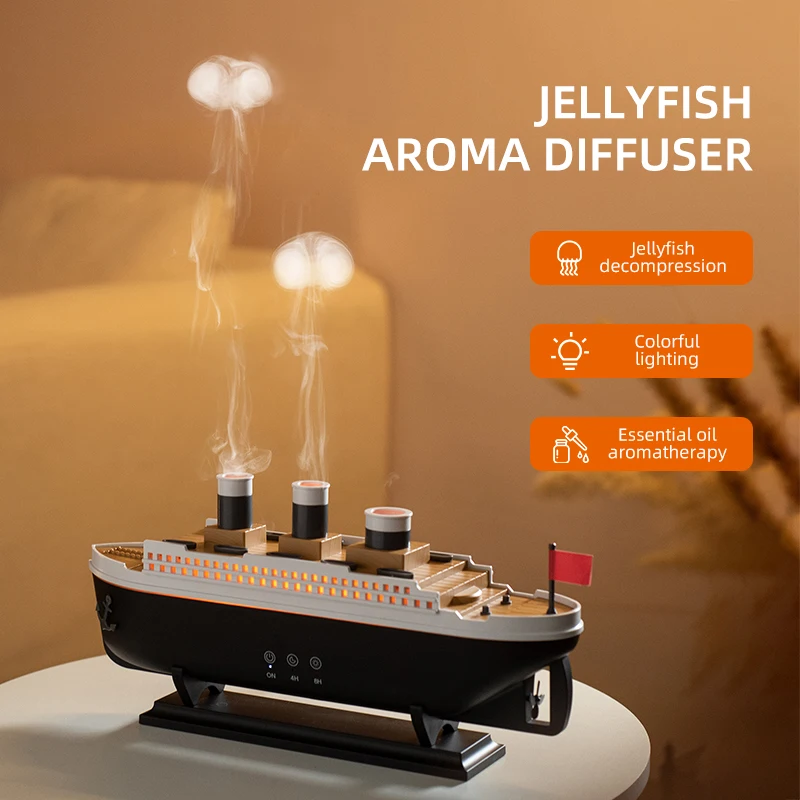 Titanic Ship Model Essential Oil Diffuser & Aroma Humidifier with Remote Control, Jellyfish Smoke Ring Spray
