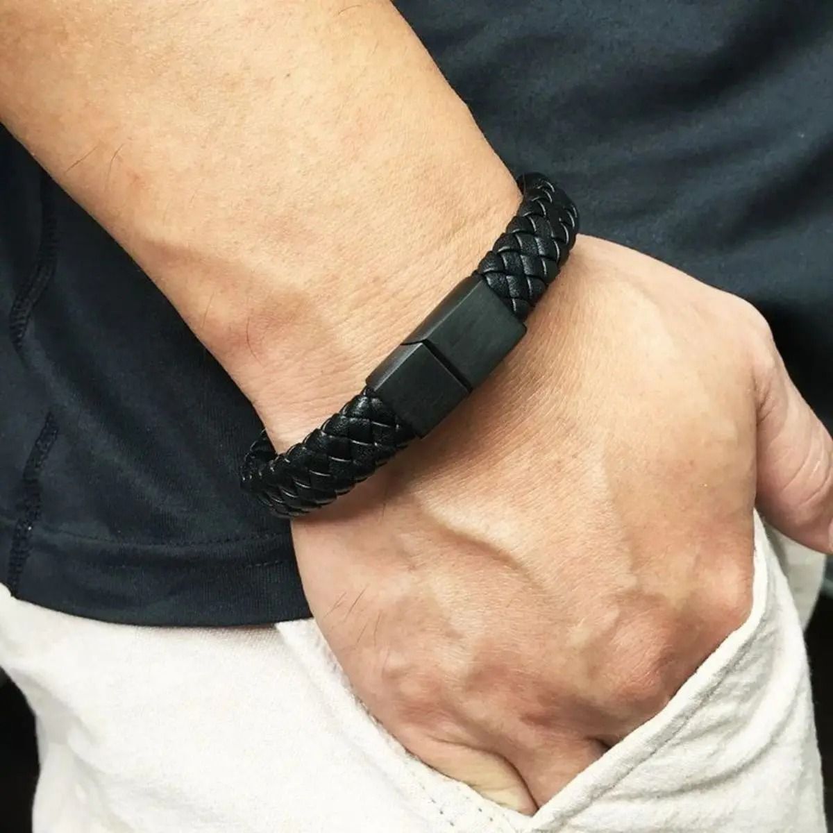 Retro Leather Open Bangle Woven Hand Rope Bracelet for Men