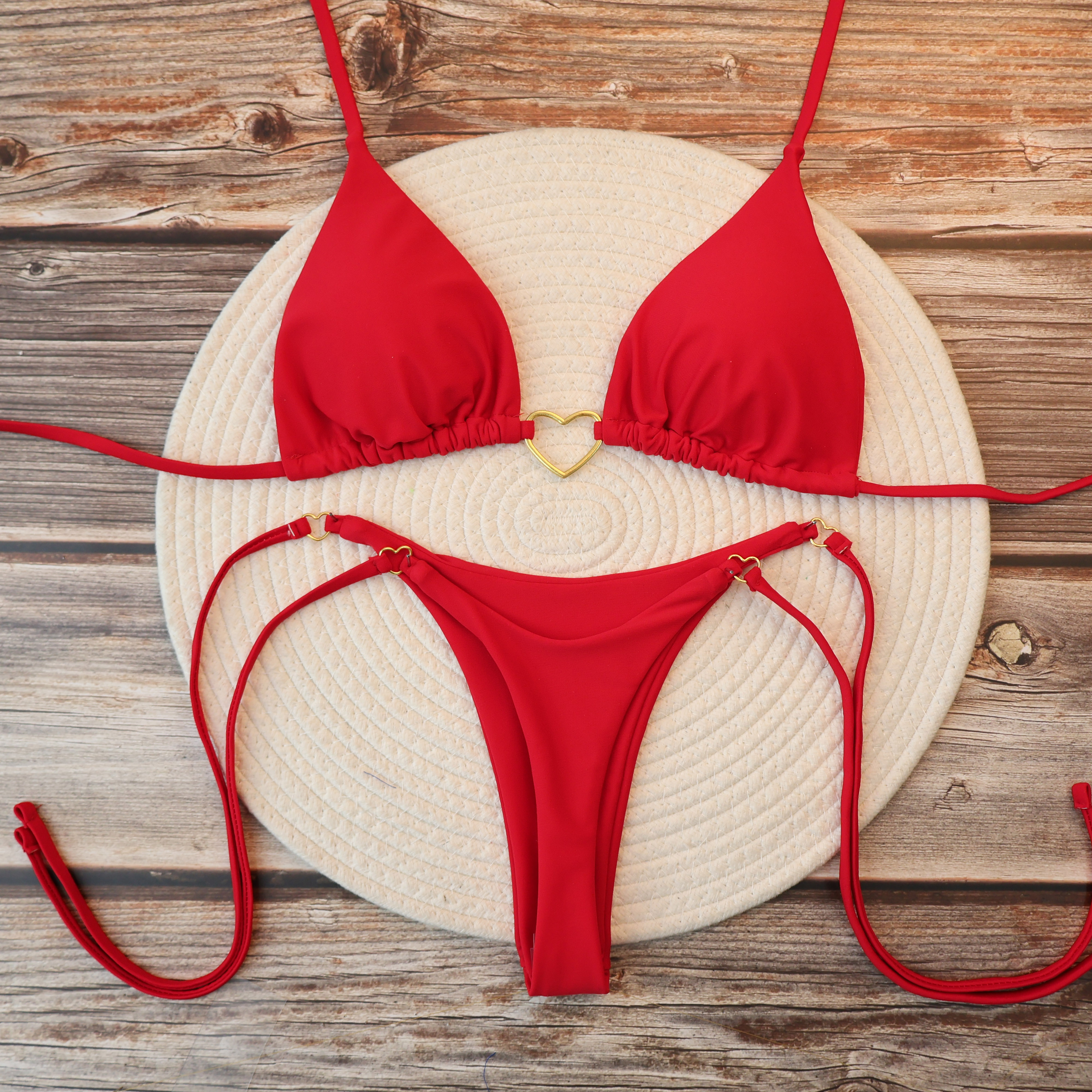 Halter Triangle Top, Two-Piece Swimsuit, Heart Bathing Suit, Thong Bottom for Summer Beach Swimwear