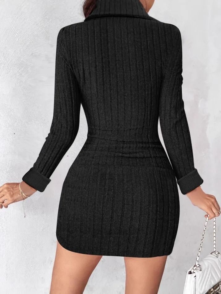 New Autumn and Winter Solid Color V-Neck Fitted Bodycon Long Sleeve Dress for Women