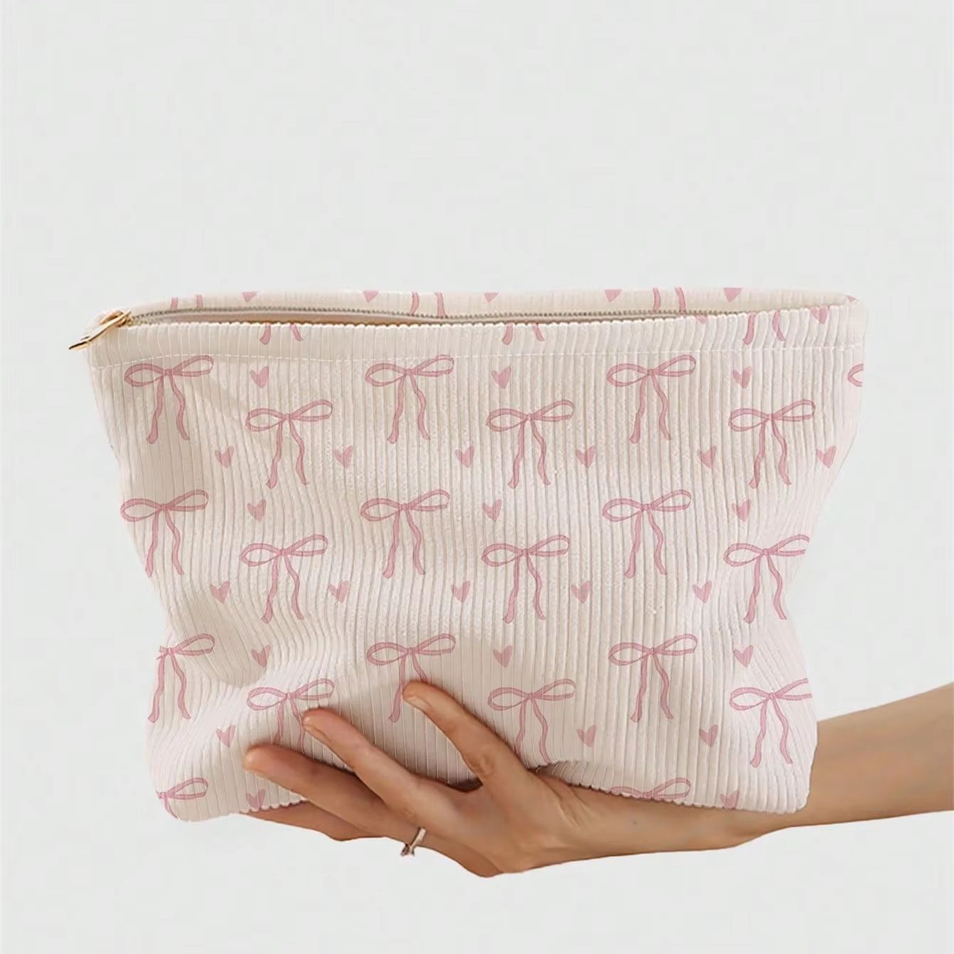 Pink Bowknot Cosmetic Bag Corduroy Zipper Makeup Organizer Lightweight Portable Cosmetic Storage Bag for Women Travel Ha