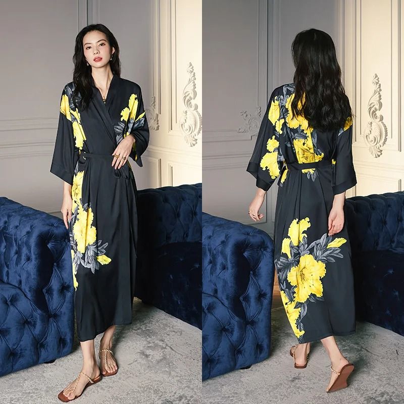 New Spring Summer Female Long Robe Set – Sexy Flower Print Kimono & Silk Satin Casual Lounge Wear