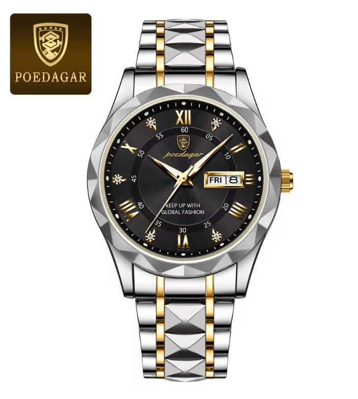 PrestigeTime Luxury Stainless Steel Mens Watch with Luminous Dial and Waterproof Design