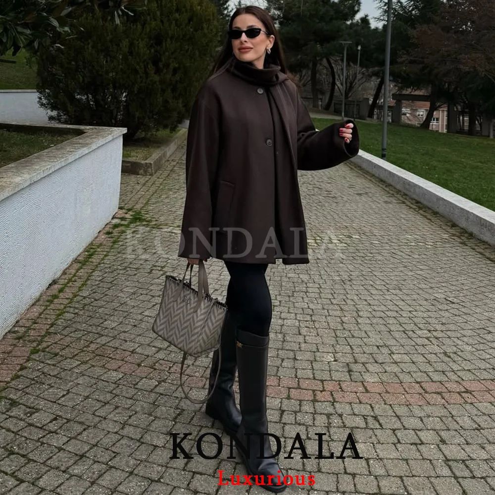Chocolate Brown Scarf Jacket for Women Loose Fit Thick Warm Winter Coat