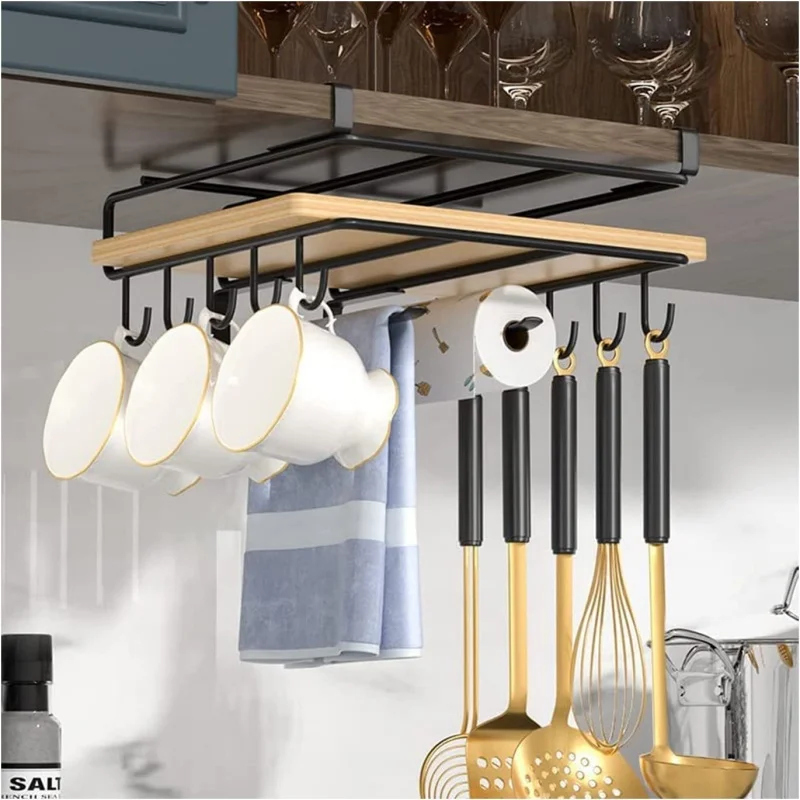 Under Cupboard Hanging Organizer Rack with Hook, Paper Towel, Rags Hanger, Cutting Board Holder for Kitchen Storage