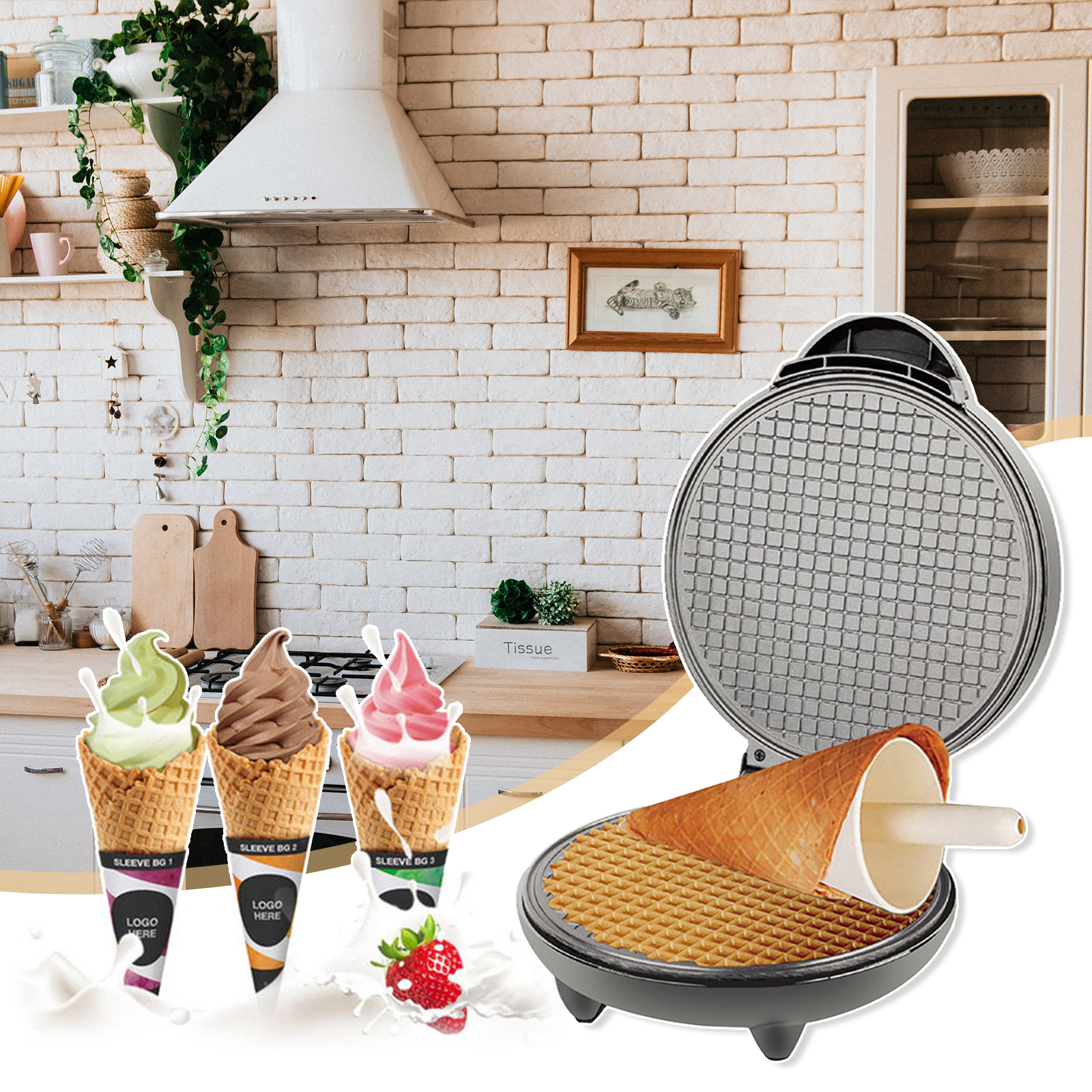 Premium Electric Ice Cream Cone Waffle Bowl Maker Nonstick Dessert Iron