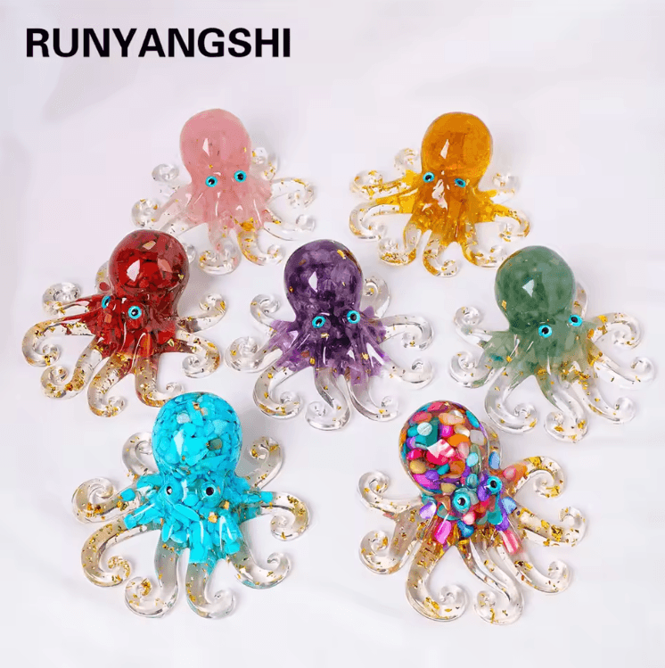 Natural Crystal Gravel Octopus Statue Resin Reiki Healing Decor for Home & Desk