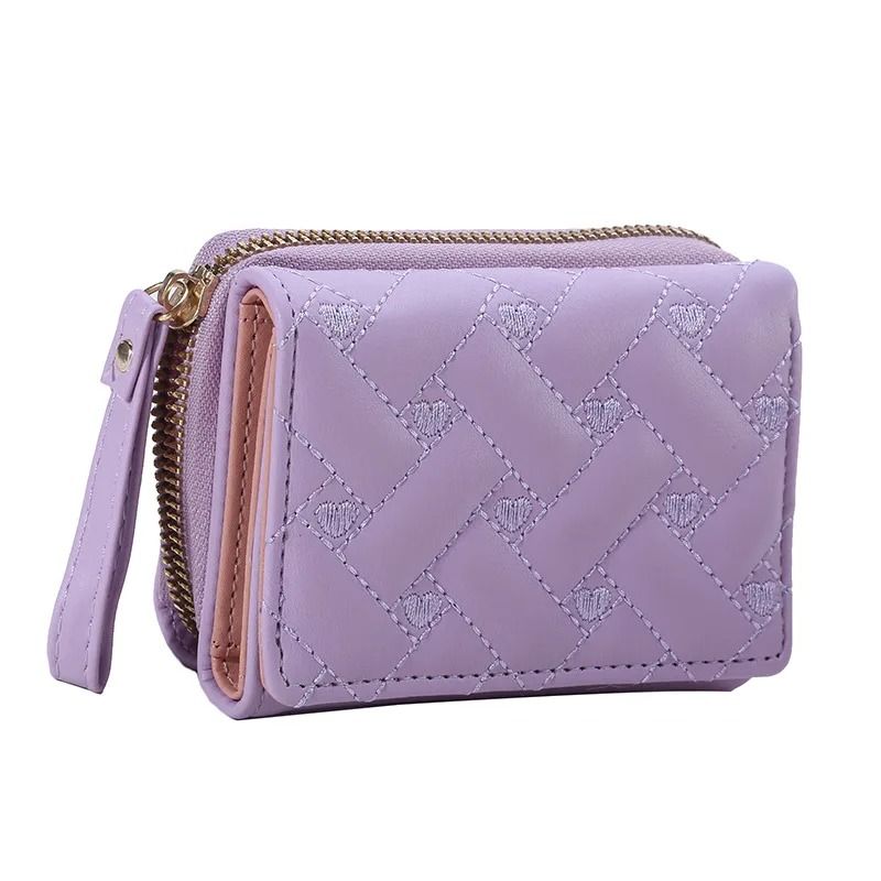 Women PU Leather Embroidered Love Trifold Small Wallet Card Holder