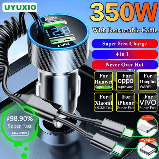 4 in 1 Retractable Car Charger with LED Voltage Monitor & Fast Charging