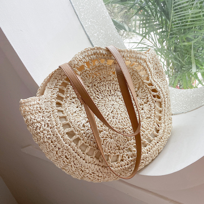 Summer Round Straw Bag Handmade Rattan Beach Tote Large Capacity Shoulder Bag