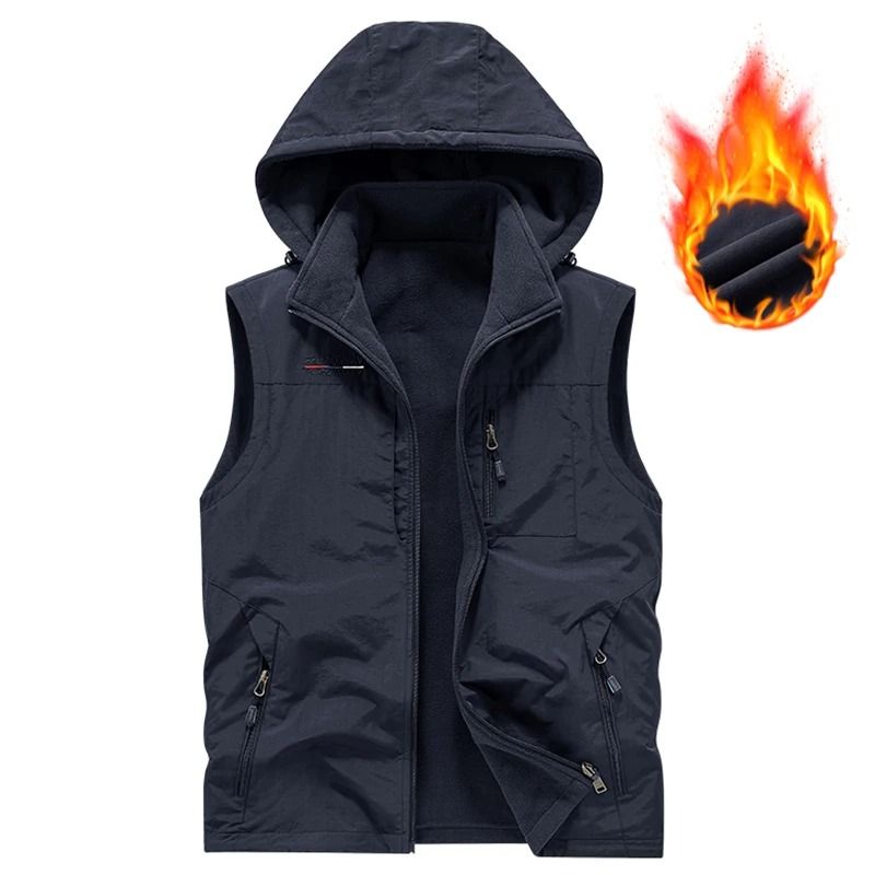 Mens Hooded Fleece Warm Vest Windproof Utility Photographer Vest