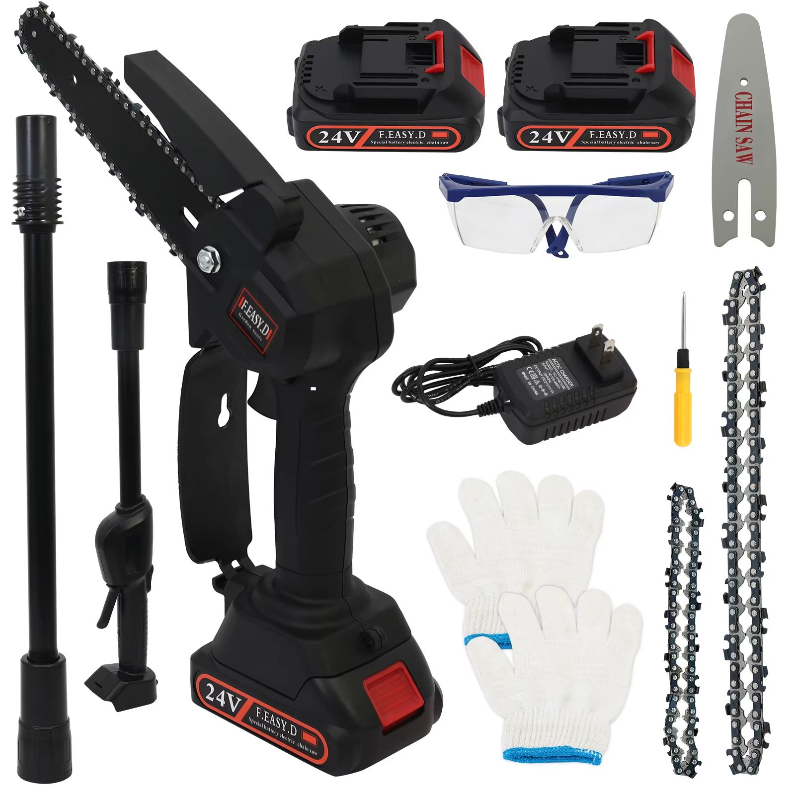 2 in 1 Cordless Pole Saw and Mini Chainsaw 24V with Retractable Extension Rod and Two Batteries 4 to 6 Inch