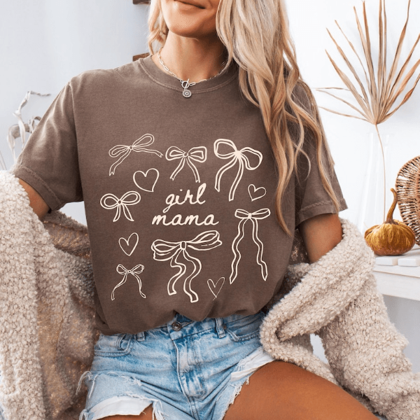 Girl Mama Shirt Cute Bow Graphic Tee Trendy Mom T-Shirt Casual Womens Top