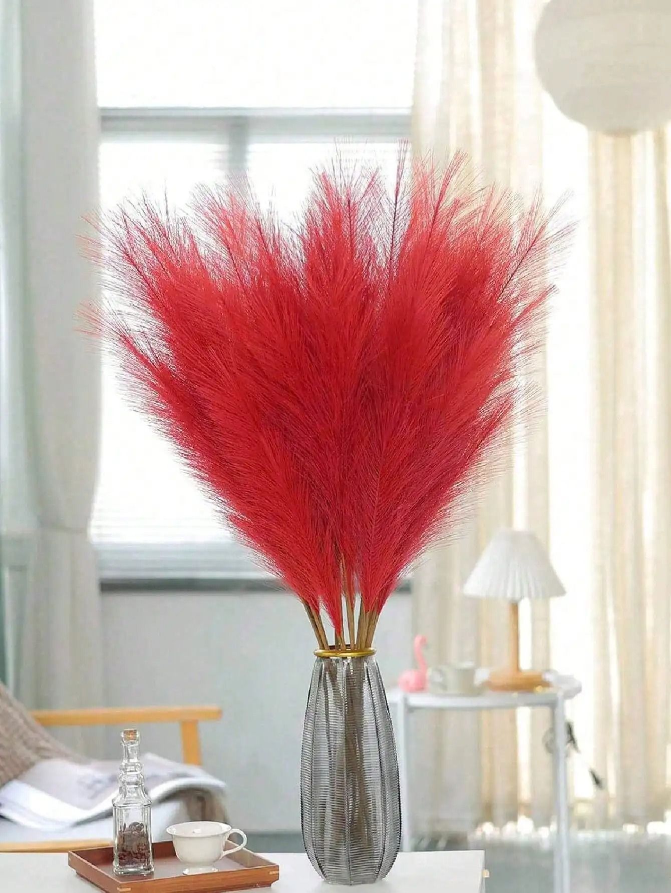 Red Faux Pampas Grass Stems for Wedding and Home Decor (5 Piece Set)