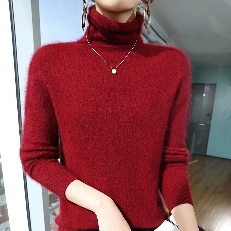 Womens Pure Mink Cashmere Sweater Slim Fit Pullover with Pile Collar Knitted Winter Top
