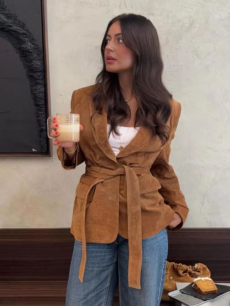 Elegant Women Casual Autumn Coat Lace Up Detail Turn Down Collar Jacket Long Sleeve Button Pocket Jacket